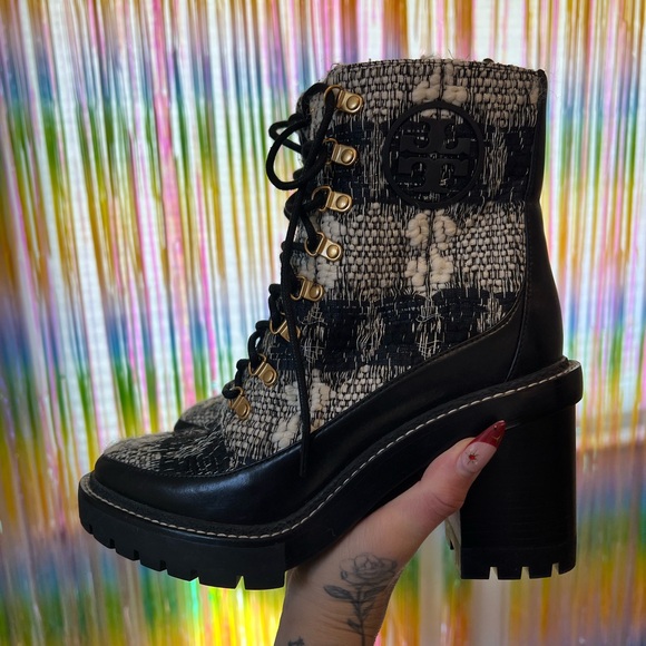 Tory Burch Black and Cream Tweed Lace-Up Block Heel Ankle Boots - Picture 2 of 8